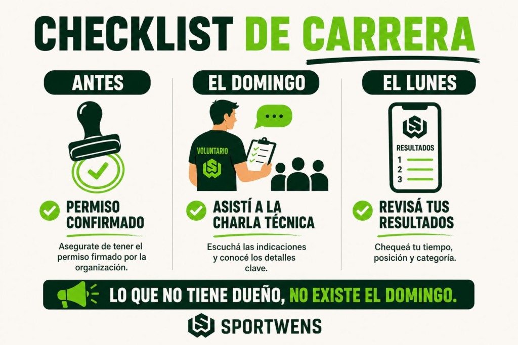 Infografía SportWENS: checklist de carrera antes, domingo y lunes