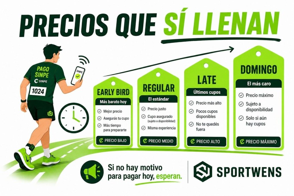 Infografía SportWENS: precios early bird, late y domingo en Costa Rica